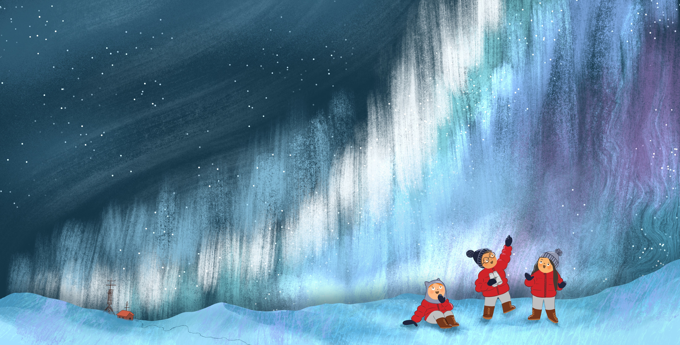 Children watching the aurora borealis over a snowy Arctic hill