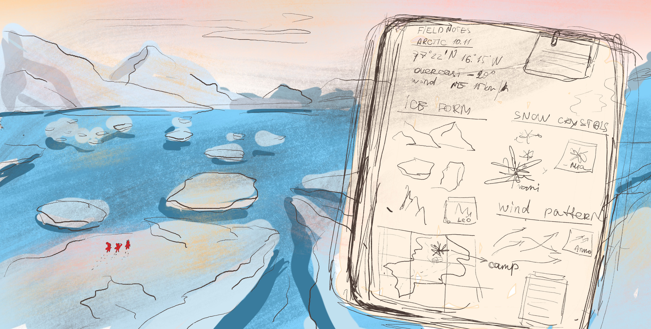 Arctic landscape with field notes overlay — ice forms and snow crystals
