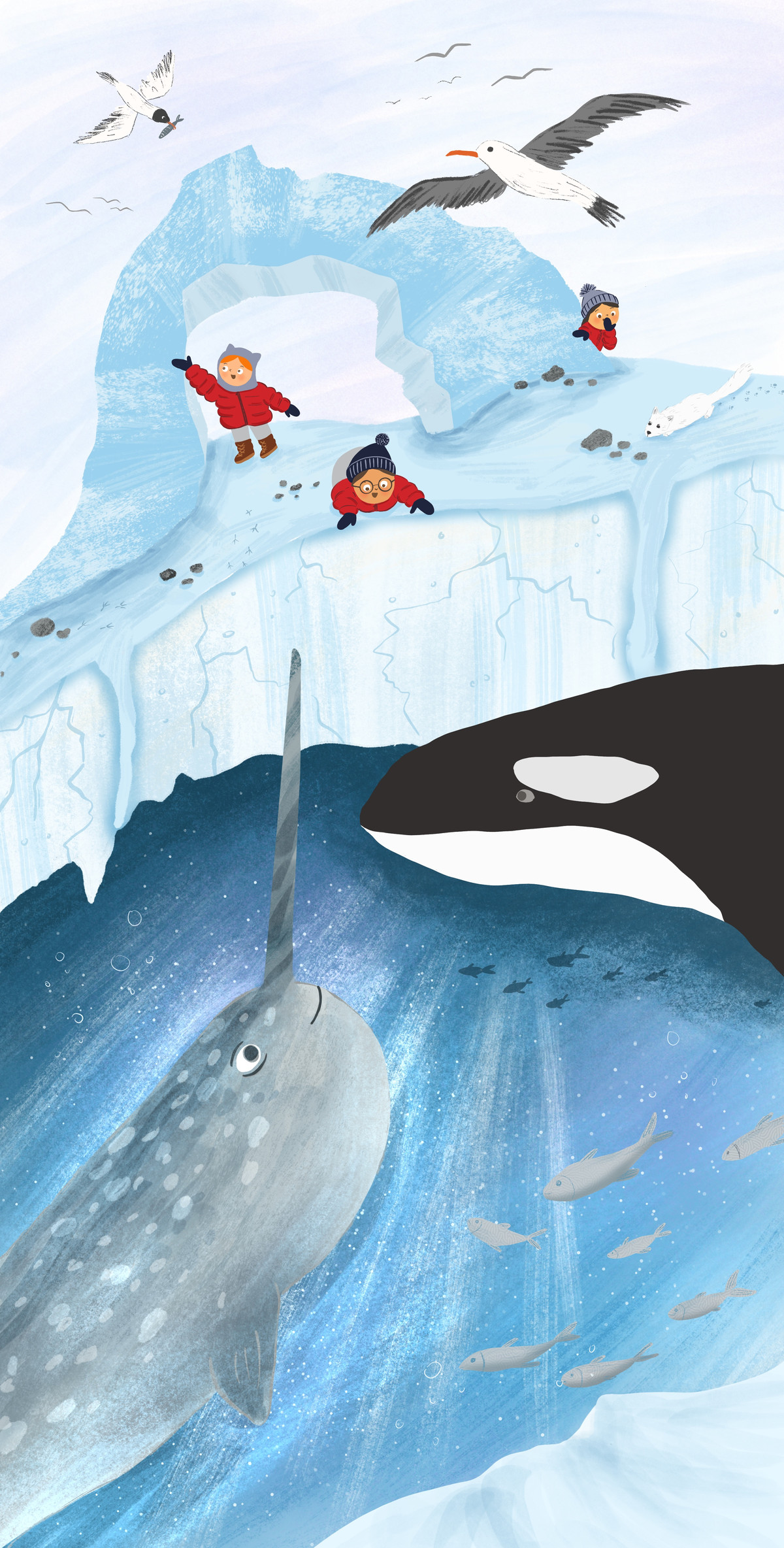 Iceberg cross-section — children above the ice, narwhal and orca below