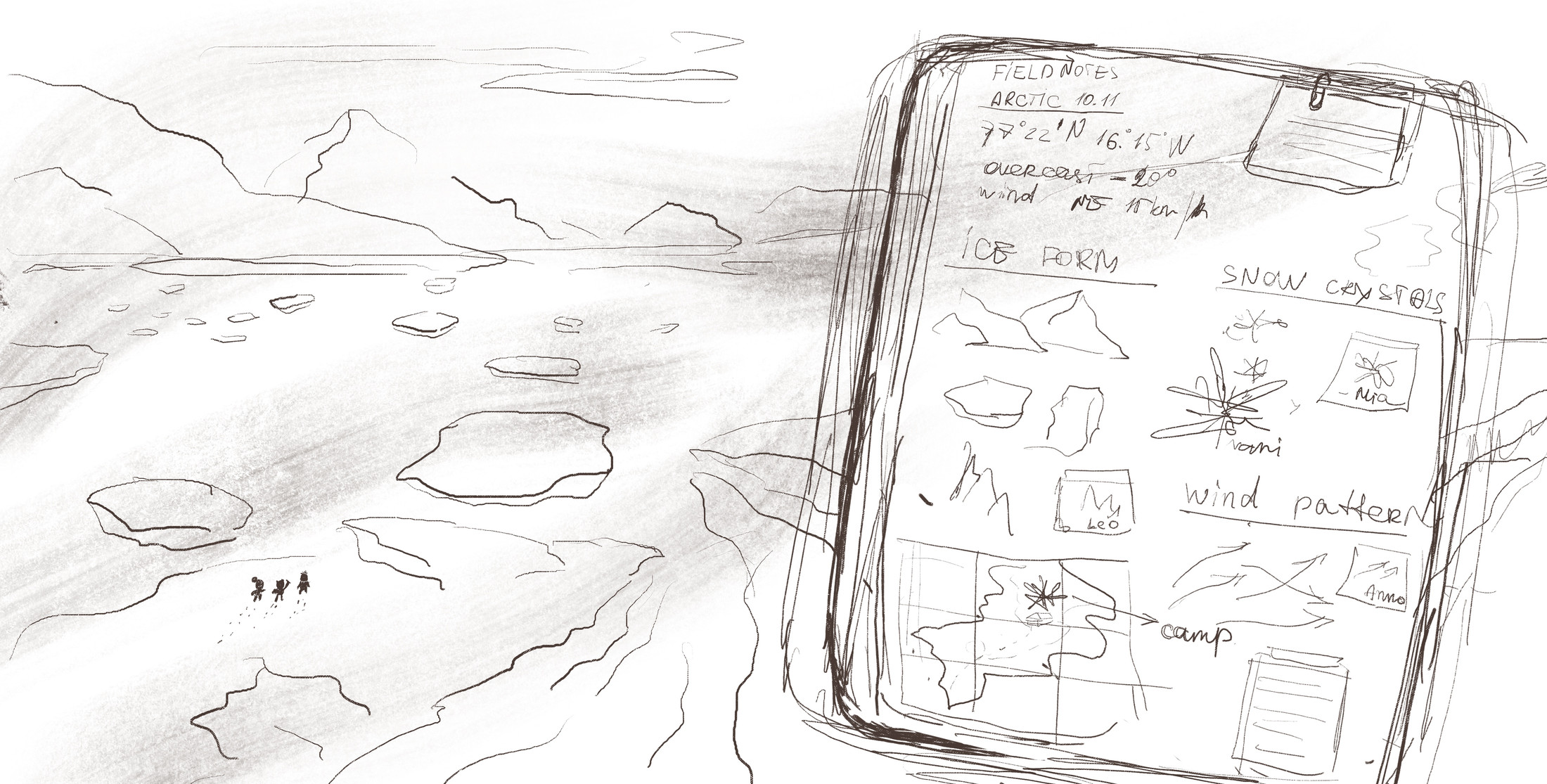 Pencil sketch field notes from an Arctic expedition