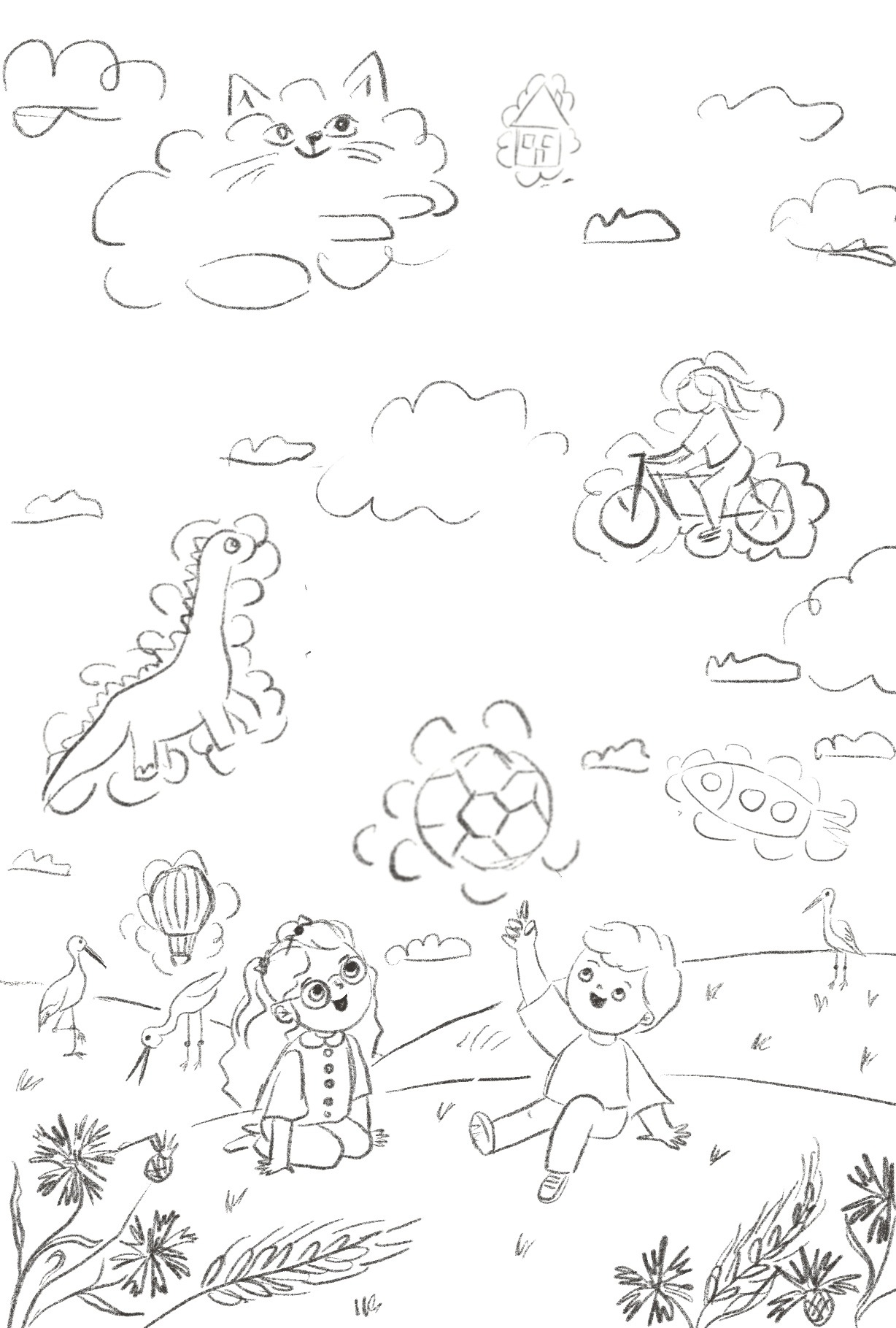 Concept sketch — children and cloud shapes