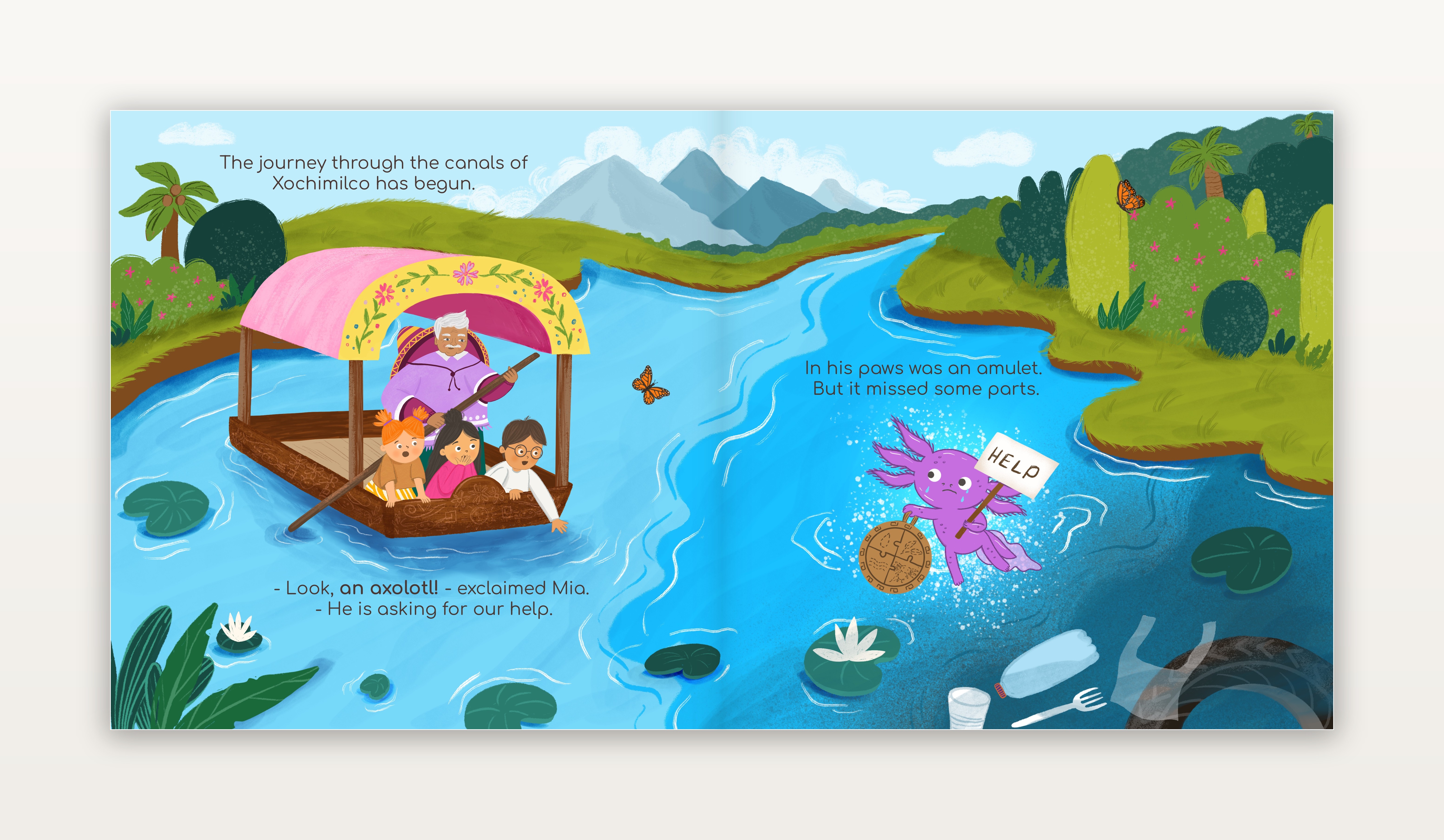 Opening spread — Xochimilco canals, the axolotl asks for help