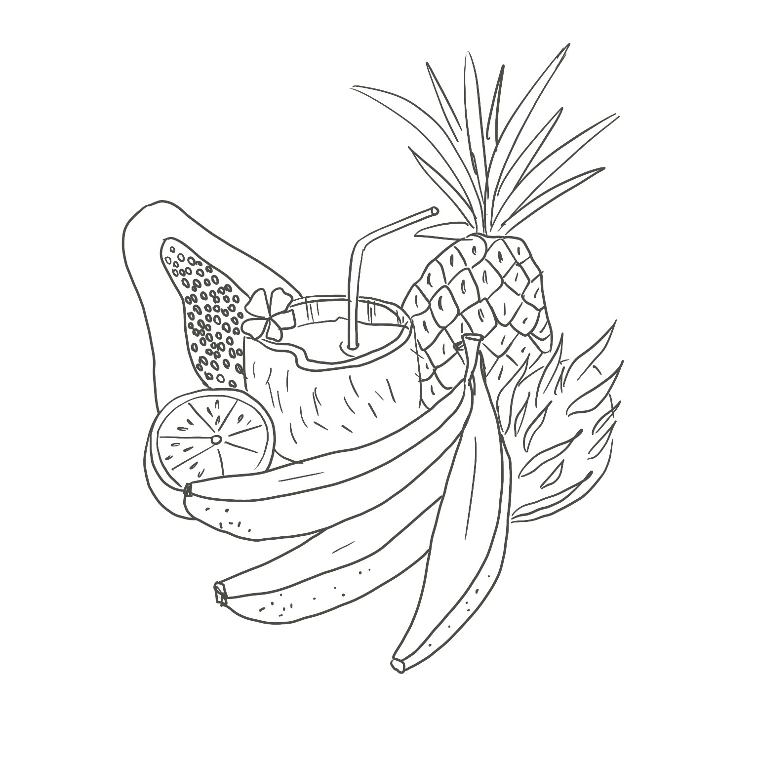 Tropical fruits — coconut, pineapple, papaya, and dragon fruit detail